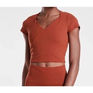 Athleta XS It's A Wrap Burnt Orange Brown Mesh Back Crop Athletic Top XS